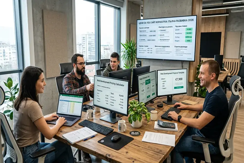 Four people are discussing the specifications and the cost of developing a website, with their laptops open on their desks in an elegant, modern office.