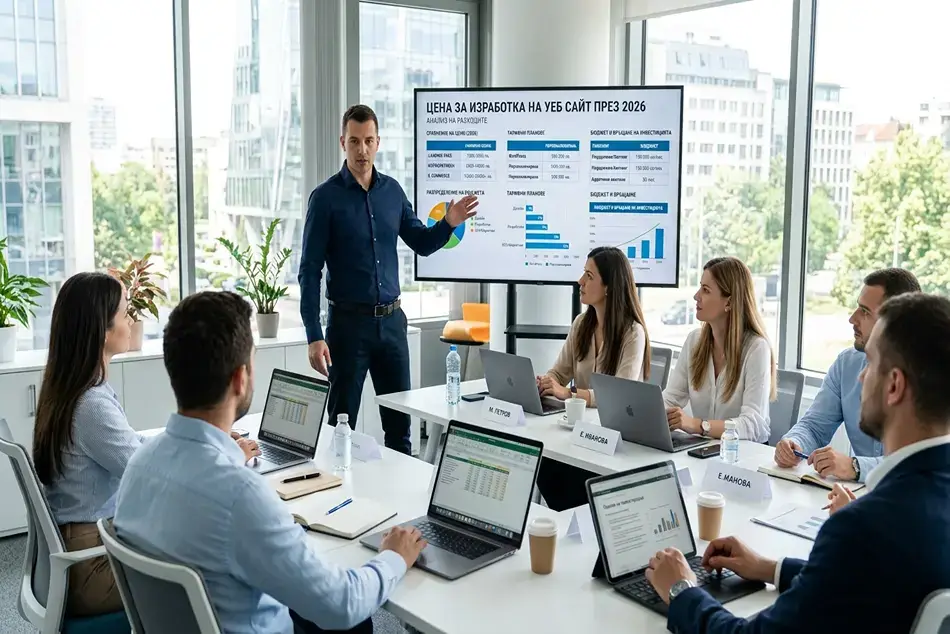 In a modern office, a man is showing his colleagues data on the screen regarding the cost of developing a website.