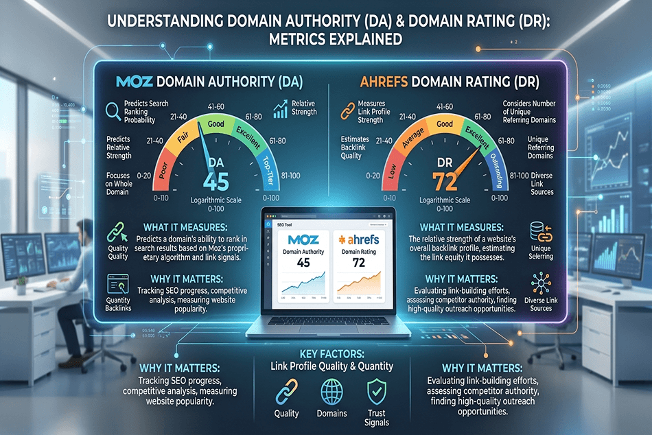 Инфографика сравнява Moz Domain Authority (DA) и Ahrefs DR, като подробно описва метриките, оценките и влиянието на Domain Authority.