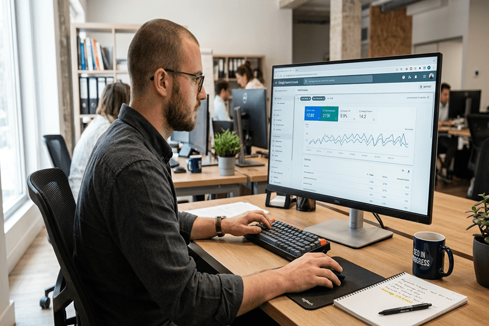 Мъж седи на бюро в офис и преглежда анализите на уебсайтове в Google Search Console на голям монитор.