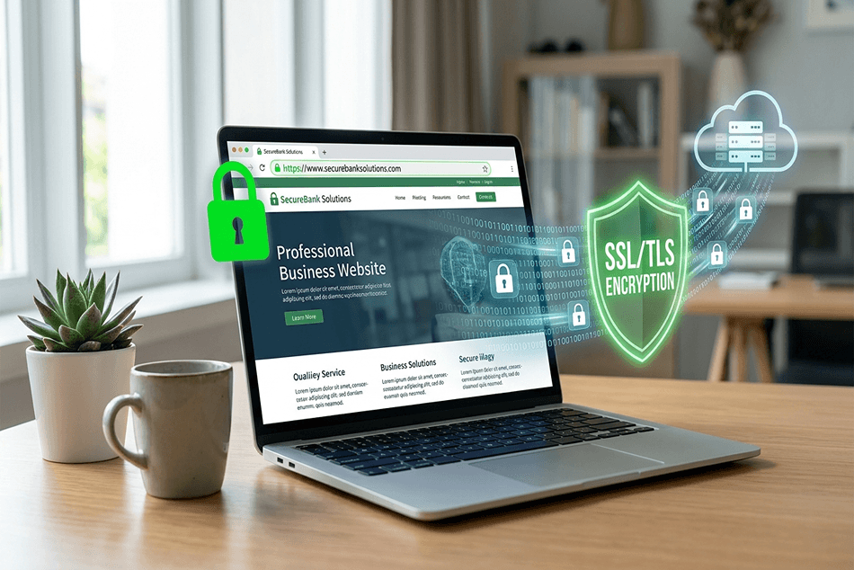 Лаптоп показва бизнес уебсайт с графики, подчертаващи SSL сертификат и сигурно сърфиране.
