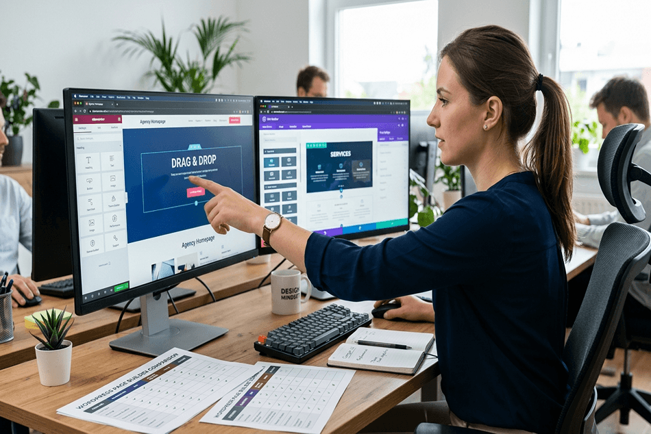 Жена проектира уебсайт с помощта на WordPress page builder на два монитора в офис.