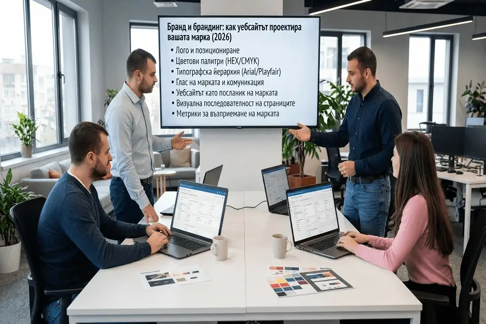 Четирима души работят заедно в модерен офис и обсъждат руска презентация за „бранд“ и „брандинг“, седнали около лаптопите си.
